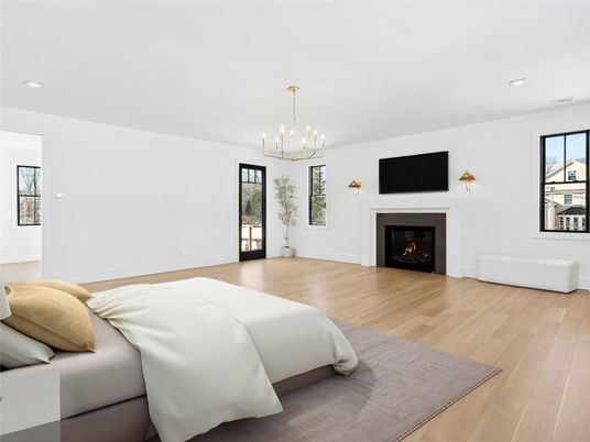 Bedroom, Fireplace, Interior, Pendant Lights, Recessed Lighting, Wood Texture Flooring