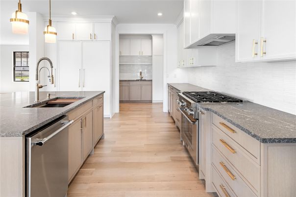 Interior, Kitchen, Pendant Lights, Recessed Lighting, Stainless Steel Appliances, Wood Texture Flooring