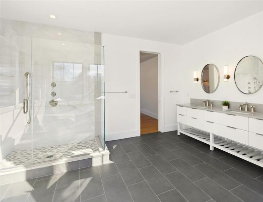 Bathroom, Dual Sink Vanities, Glass Shower, Interior, Recessed Lighting, Wood Texture Flooring