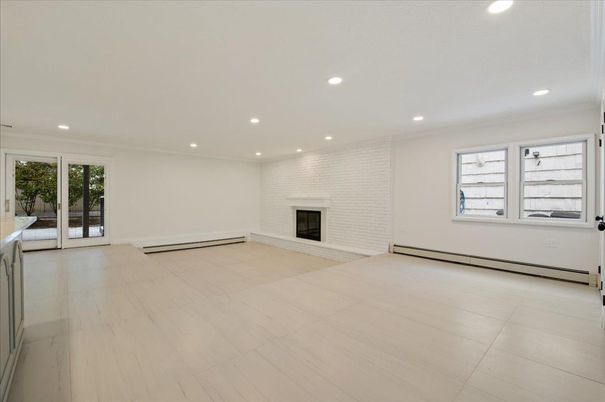 Empty room, Fireplace, Interior, Recessed Lighting, Wood Texture Flooring