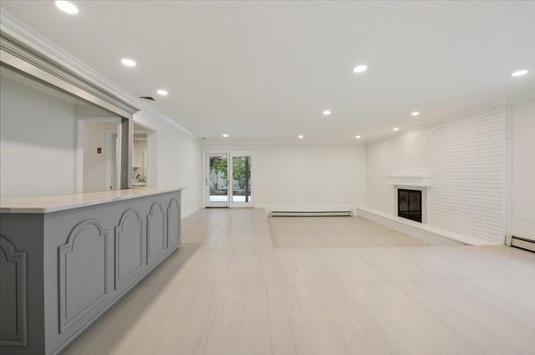 Empty room, Fireplace, Interior, Recessed Lighting, Wood Texture Flooring
