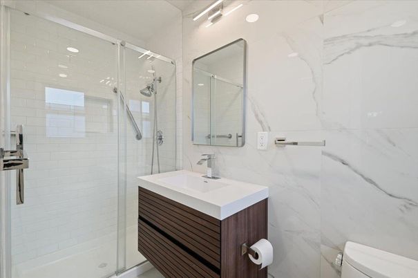 Bathroom, Glass Shower, Interior, Marble Walls, Recessed Lighting