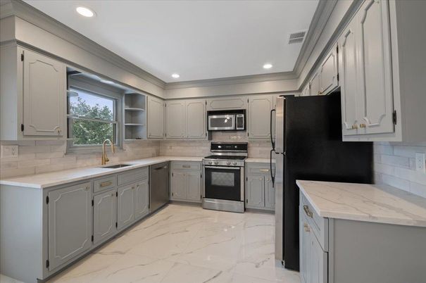 Interior, Kitchen, Marble, Recessed Lighting, Stainless Steel Appliances