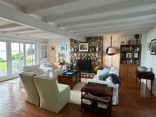 Fireplace, Interior, Living room, Stone Walls, Wooden Beams, Wood Texture Flooring