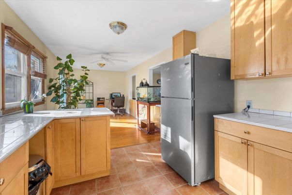 Interior, Kitchen, Tile Countertops, Wood Texture Flooring