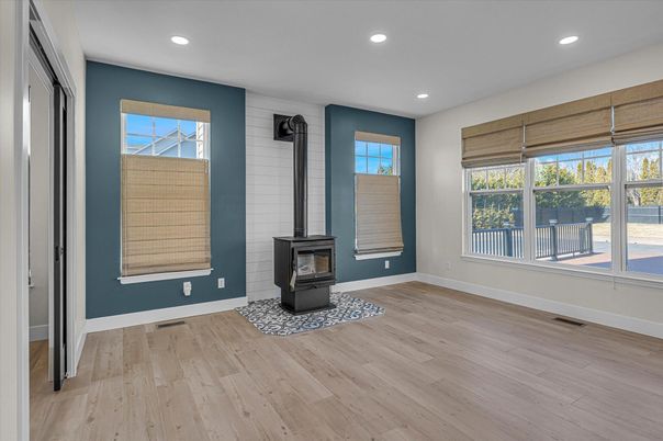 Empty room, Fireplace, Interior, Recessed Lighting, Wood Texture Flooring