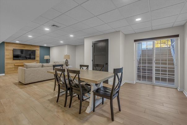 Dining room, Interior, Living room, Recessed Lighting, Wood Texture Flooring