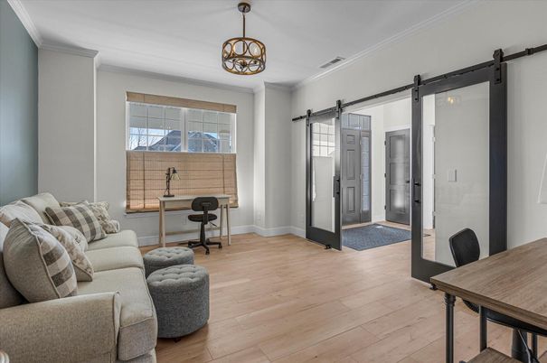 Chandelier, Home Office, Interior, Wood Texture Flooring