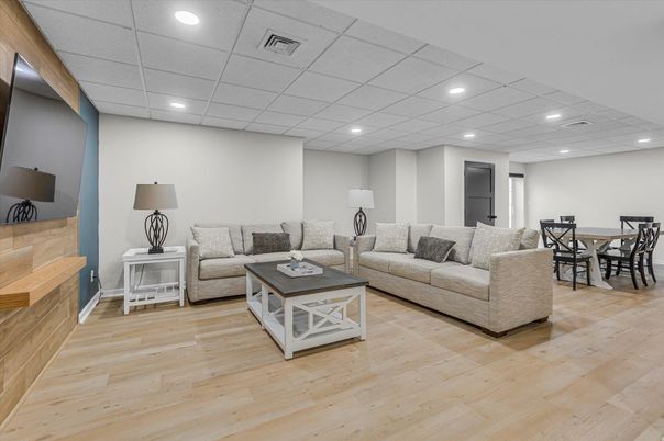 Dining room, Interior, Living room, Recessed Lighting, Wood Texture Flooring
