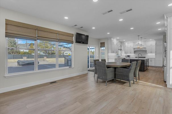 Dining room, Interior, Kitchen, Pendant Lights, Recessed Lighting, Wood Texture Flooring