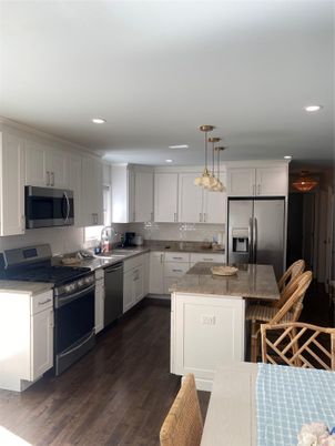 Interior, Kitchen, Pendant Lights, Recessed Lighting, Stainless Steel Appliances, Wood Texture Flooring