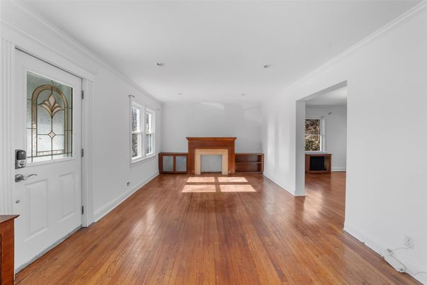 Empty room, Fireplace, Interior, Recessed Lighting, Wood Texture Flooring