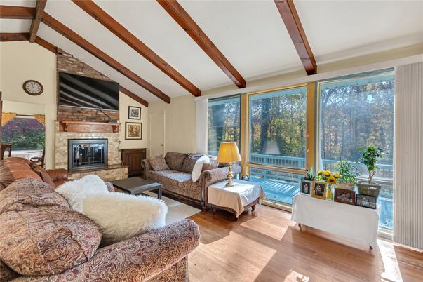 Fireplace, Interior, Living room, Wooden Beams, Wood Texture Flooring