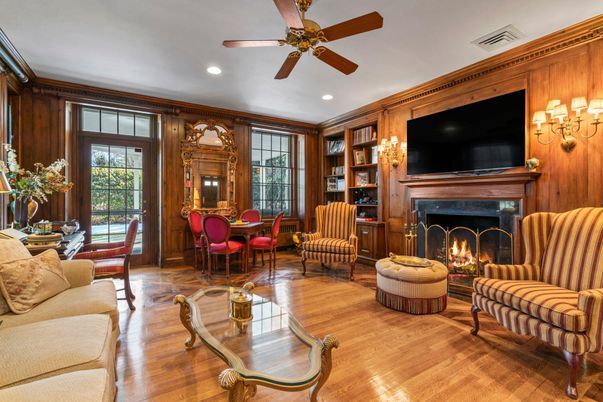 Dining room, Fireplace, Interior, Living room, Recessed Lighting, Wood Texture Flooring, Wooden Walls