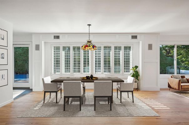 Dining room, Interior, Pendant Lights, Wood Texture Flooring