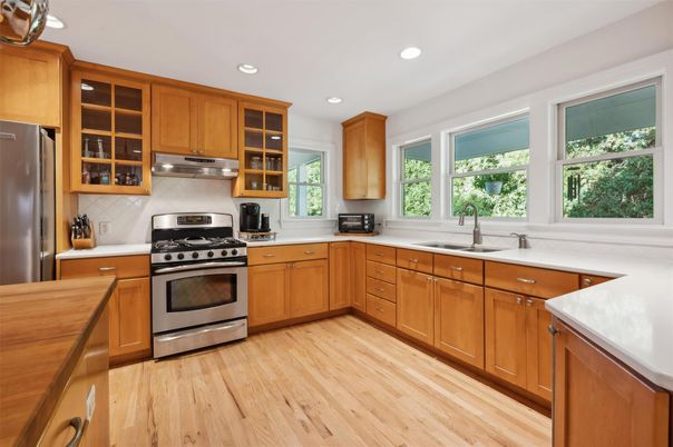 Interior, Kitchen, Recessed Lighting, Stainless Steel Appliances, Wood Texture Flooring