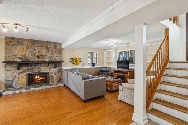 Fireplace, Interior, Living room, Stone Walls, Wood Texture Flooring