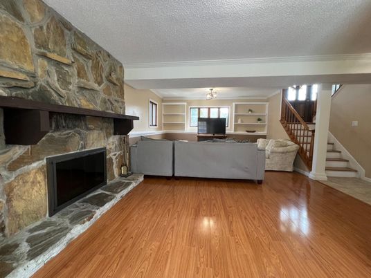 Fireplace, Interior, Living room, Stone Walls, Wood Texture Flooring