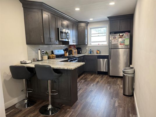 Interior, Kitchen, Recessed Lighting, Stainless Steel Appliances, Wood Texture Flooring