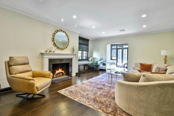 Fireplace, Interior, Living room, Recessed Lighting, Wood Texture Flooring