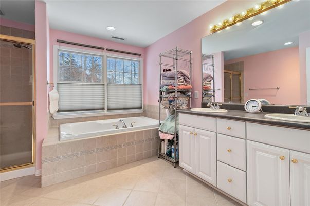 Bathroom, Dual Sink Vanities, Glass Shower, Interior, Recessed Lighting