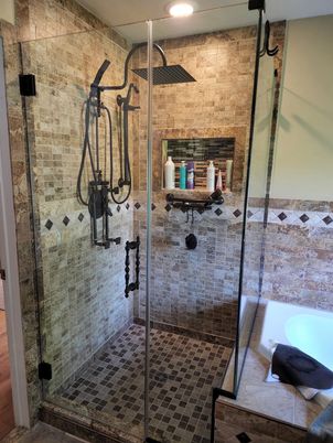 Bathroom, Glass Shower, Interior, Recessed Lighting, Stone Walls