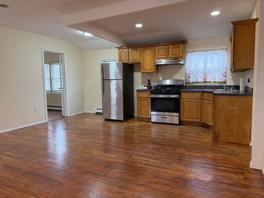 Interior, Kitchen, Recessed Lighting, Stainless Steel Appliances, Wood Texture Flooring