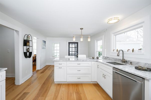 Interior, Kitchen, Pendant Lights, Stainless Steel Appliances, Wood Texture Flooring