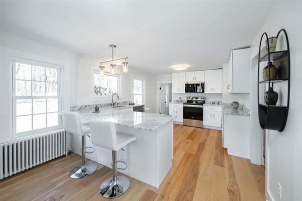 Interior, Kitchen, Pendant Lights, Stainless Steel Appliances, Wood Texture Flooring