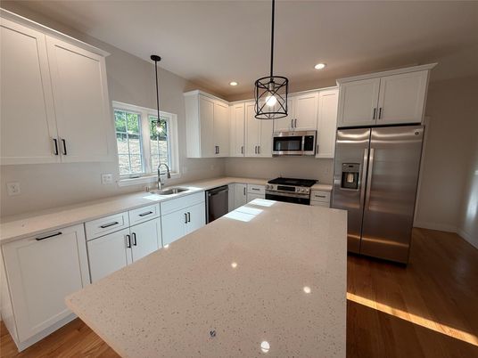 Interior, Kitchen, Pendant Lights, Recessed Lighting, Stainless Steel Appliances, Wood Texture Flooring