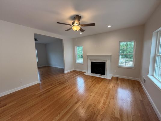Empty room, Fireplace, Interior, Recessed Lighting, Wood Texture Flooring