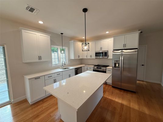 Interior, Kitchen, Pendant Lights, Recessed Lighting, Stainless Steel Appliances, Wood Texture Flooring