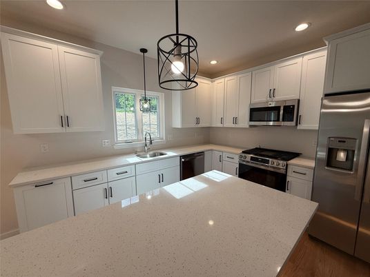 Interior, Kitchen, Pendant Lights, Recessed Lighting, Stainless Steel Appliances, Wood Texture Flooring