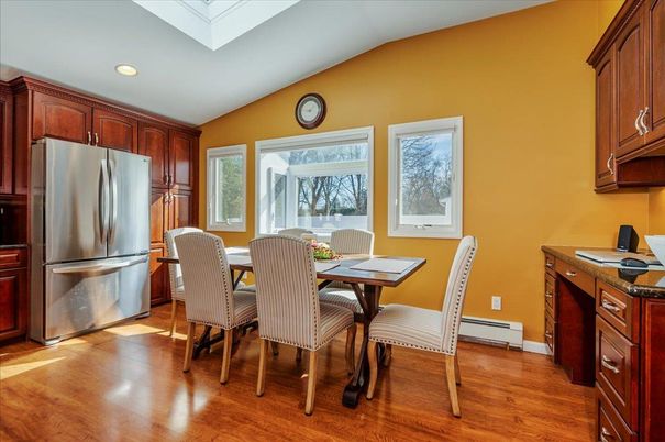 Dining room, Interior, Kitchen, Recessed Lighting, Stainless Steel Appliances, Wood Texture Flooring