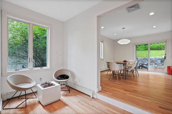 Dining room, Interior, Pendant Lights, Recessed Lighting, Wood Texture Flooring