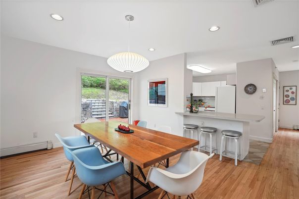 Dining room, Interior, Kitchen, Pendant Lights, Recessed Lighting, Wood Texture Flooring
