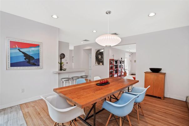 Dining room, Interior, Pendant Lights, Recessed Lighting, Wood Texture Flooring