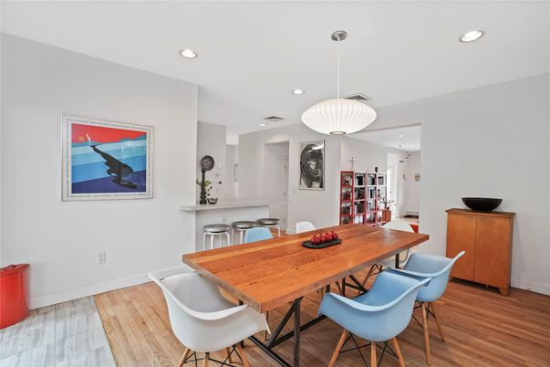 Dining room, Interior, Pendant Lights, Recessed Lighting, Wood Texture Flooring