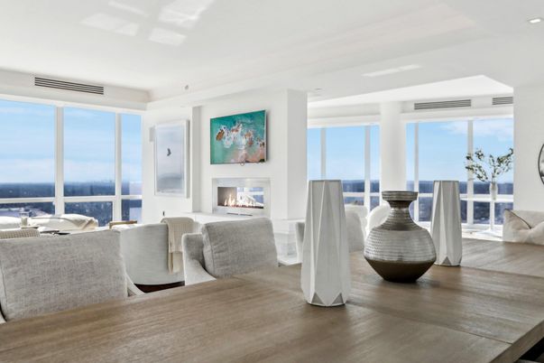 Fireplace, Interior, Living room, Recessed Lighting, Water, Wood Texture Flooring