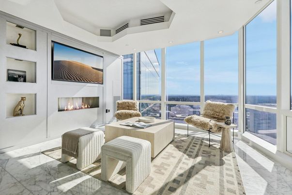 Fireplace, Interior, Living room, Marble, Recessed Lighting, Water