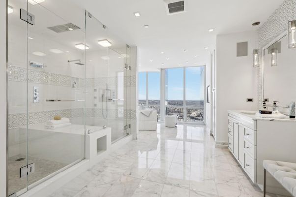 Bathroom, Glass Shower, Interior, Marble, Pendant Lights, Recessed Lighting