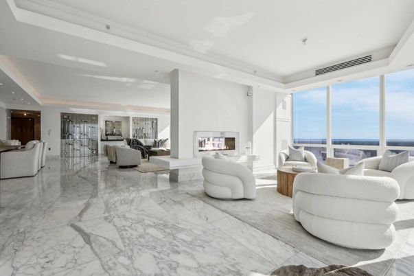 Fireplace, Interior, Living room, Marble, Recessed Lighting, Water