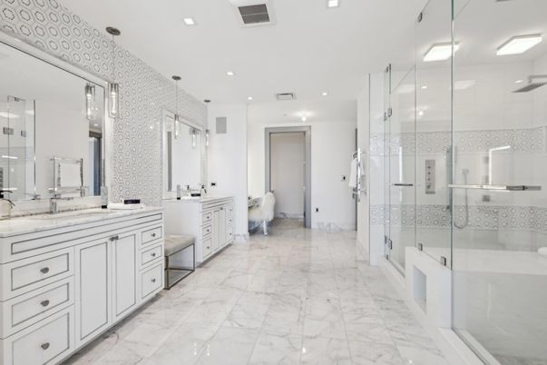 Bathroom, Dual Sink Vanities, Glass Shower, Interior, Marble, Pendant Lights, Recessed Lighting