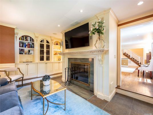 Dining room, Fireplace, Interior, Living room, Recessed Lighting, Wood Texture Flooring