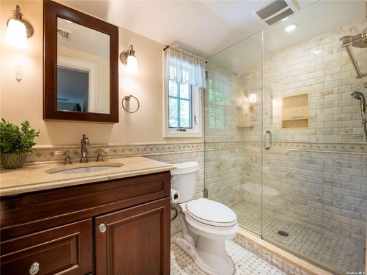 Bathroom, Glass Shower, Interior, Recessed Lighting, Stone Walls