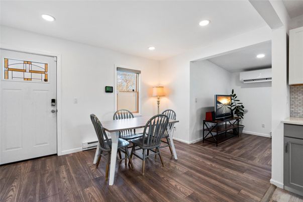 Dining room, Interior, Recessed Lighting, Wood Texture Flooring