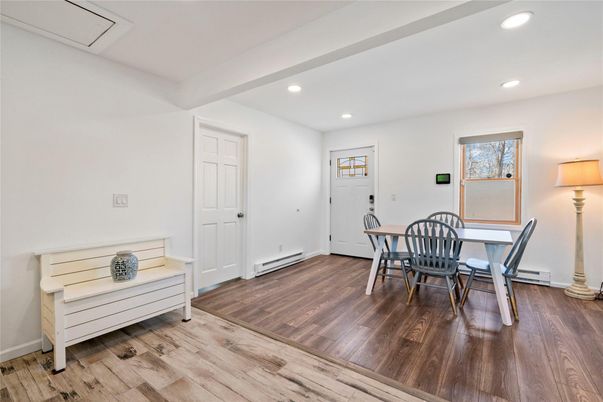 Dining room, Interior, Recessed Lighting, Wood Texture Flooring