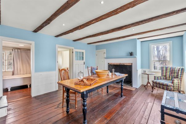 Fireplace, Interior, Recessed Lighting, Wooden Beams, Wood Texture Flooring