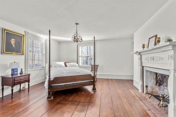 Bedroom, Fireplace, Interior, Pendant Lights, Wood Texture Flooring
