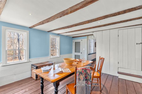 Dining room, Interior, Recessed Lighting, Wooden Beams, Wood Texture Flooring